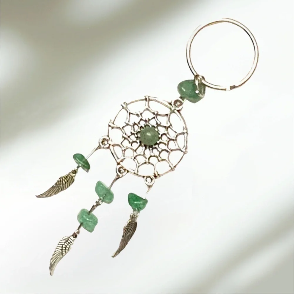 Dream Catcher Keyring Boho Native American Feathers Sea Glass Greens Silver Gift